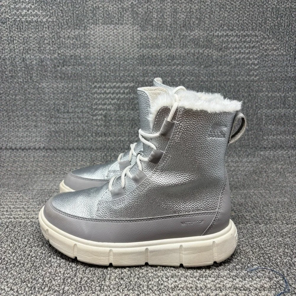 Sorel Explorer III Lace Kids Size 3 Silver Waterproof Faux Fur Winter Boots